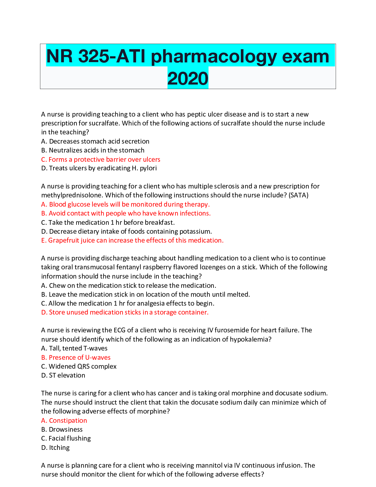Preview of NR 325-ATI pharmacology exam 2020